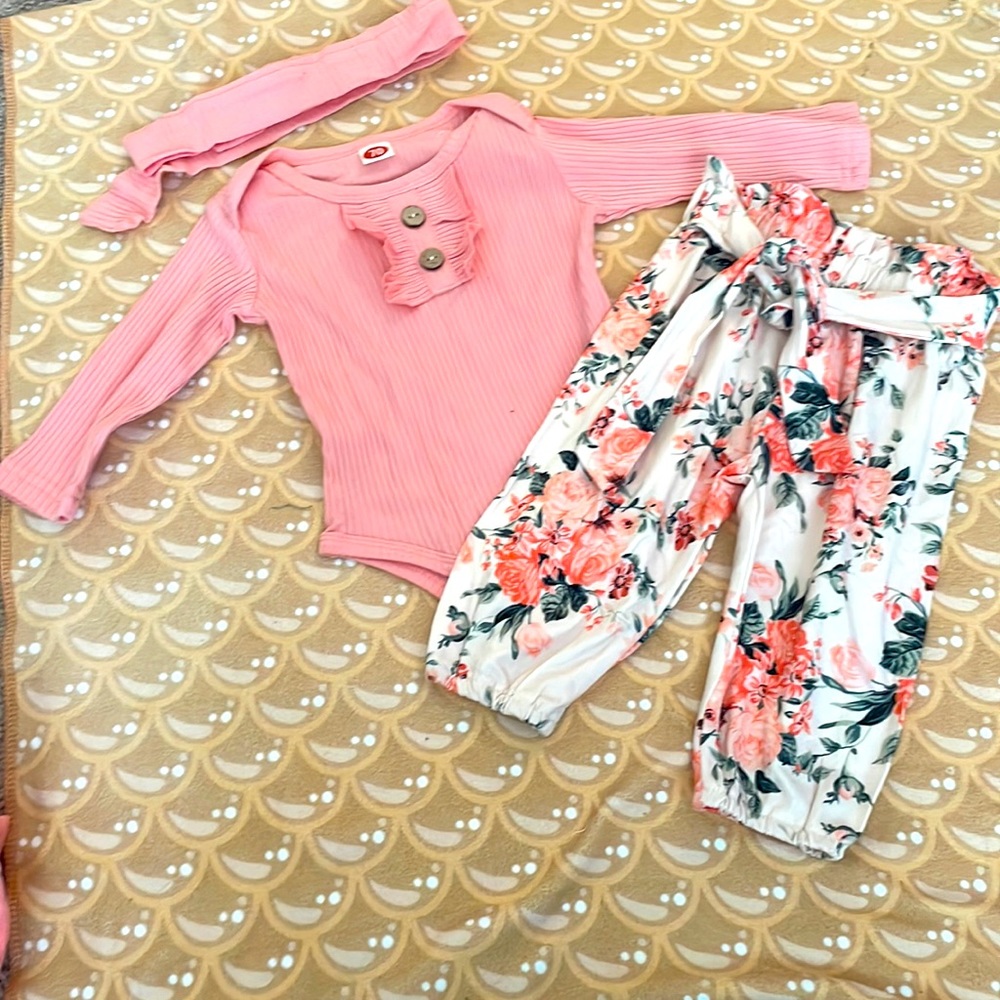 Infant 3 Piece Long sleeve onesie and pants set.